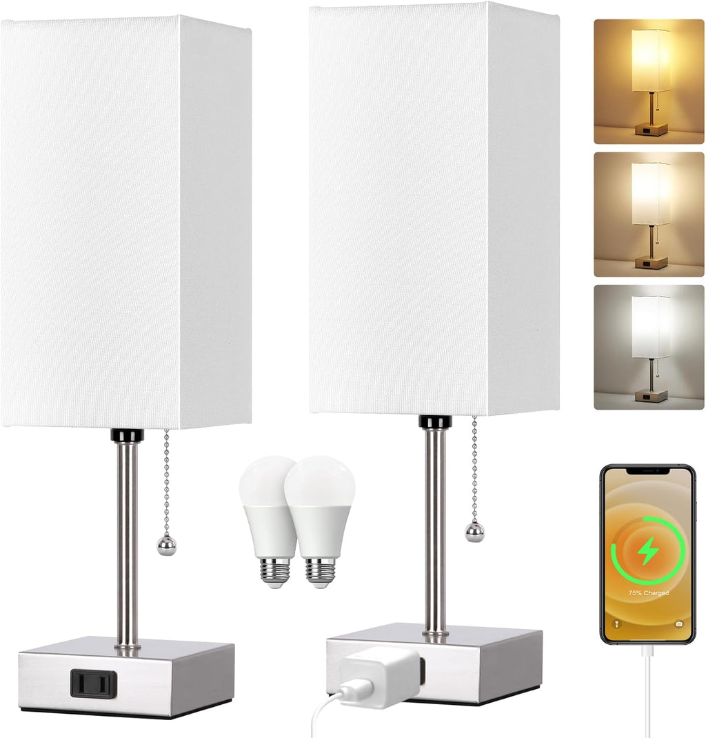 Touch Control Bedside Lamp, 3 Way Dimmable Nightstand Lamp with 2 USB Ports & AC Outlet, Modern Style, White Fabric Shade